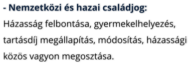 - Nemzetkzi s hazai csaldjog: Hzassg felbontsa, gyermekelhelyezs, tartsdj megllapts, mdosts, hzassgi kzs vagyon megosztsa.